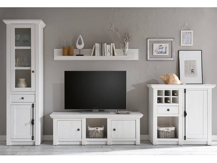 Wohnwand HOME AFFAIRE California , weiss (pinie weiß), B:340cm, Kastenmöbel-Sets, Wohnwand, bestehend aus Standregal, Lowboard, Wandregal, Highboard