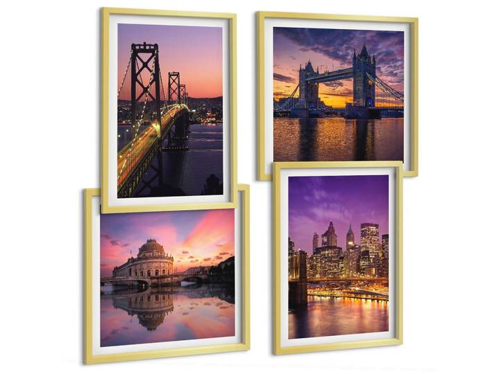 BILDER SET 4er Set - 50x50 cm & 40x60 cm Goldrahmen - Brücken, Sonne, Stadtblick