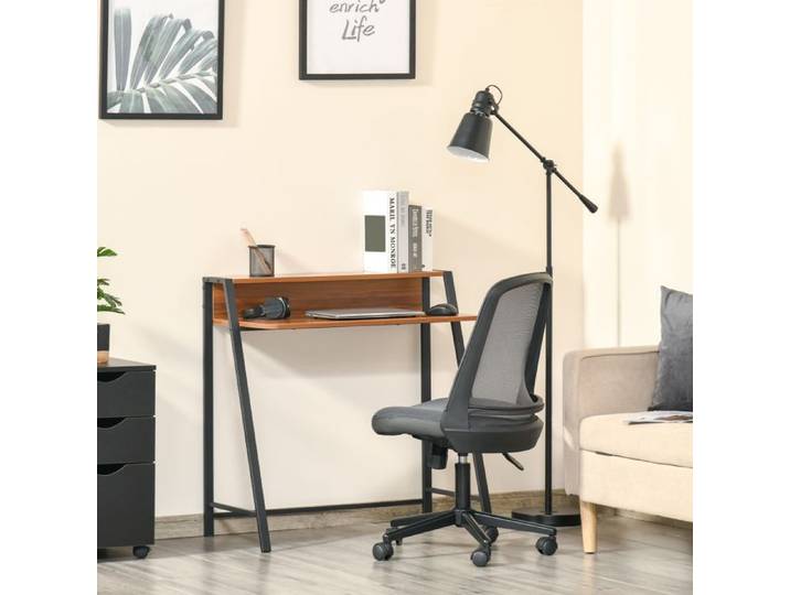 Bureau informatique compact EVRYAE 84x45x85 cm avec étagère supérieure et passe-câbles décor noyer et métal noir