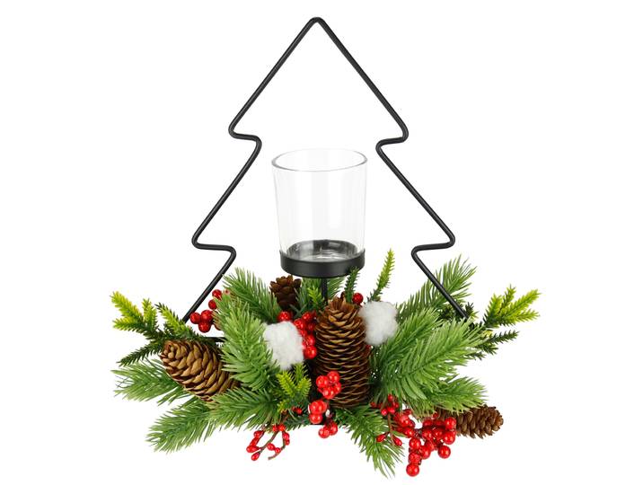 Teelichthalter I.GE.A. Dekofigur Metall-Tannenbaum mit Glaseinsatz , grün (grün, rot), B:20cm H:25cm, Metall, Kerzenhalter, Teelichthalter, Tannenzweige Zapfen Kerzenhalter Dekolicht Weihnachtsdeko Windlicht