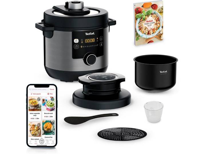 Tefal Multikocher Turbo Cuisine & Fry inkl. Extra-Crisp-Deckel, 1-Knopf-Bedienung, 1200 W, 7,6 l Schüssel, Schnellkochtopf/ Heißluftfritteuse, 15 automatische Programme, CY7788