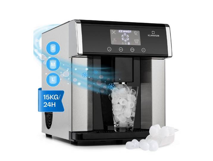 Klarstein Eiswürfelmaschine Eiszeit Eiswürfelmaschine Edelstahl 15 kg/24h 3 Größen silber, Eiswürfelbereiter Ice Cube Maker Ice Maker mit LCD & Wassertank
