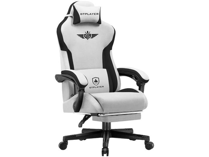 Chaise de jeu Gtplayer, chaise de gamer ergonomique en tissu avec support lombaire, chaise PC avec dossier étendu