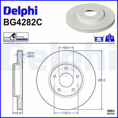 DELPHI Bremsscheibe BG4282C 280mm 24mm für NISSAN INFINITI (DFAC) VENUCIA