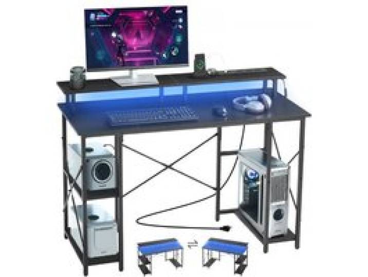 VEVOR Computertisch Bürotisch Schreibtisch mit intelligenten LED-Leuchten & Steckdosen, Arbeitstisch mit Monitorständer & 2-stufigen Lagerregalen, Arbeitszimmer Wohnzimmer Homeoffice Schwarz