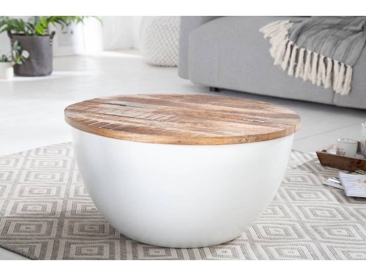 Runder Couchtisch INDUSTRIAL STORAGE 60cm weiß natur Mangoholz mit Stauraum handmade Sofatisch Wohnzimmertisch Säulentisch