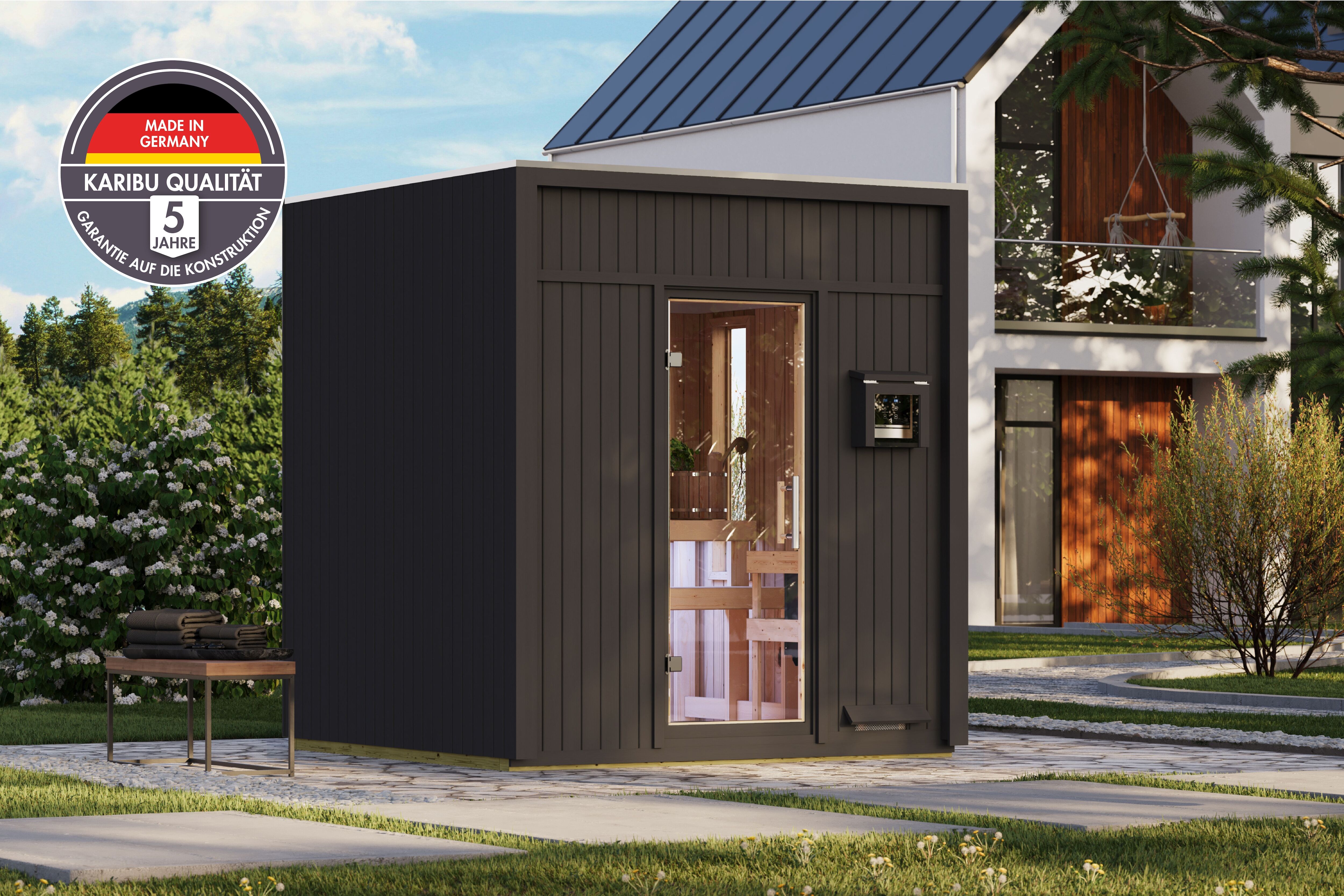 Saunahaus KARIBU "Armando", silber (schwarz), Saunaofen, externe Steuerung, 9 kW, Saunen, verschiedene Varianten