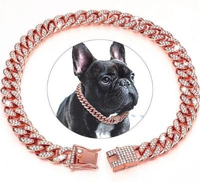 Uplift Treasures Luxury Cuban Link Pet Collar With Crystal Accents rosegold 25cm 10inch