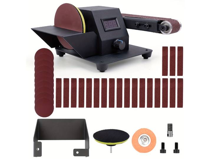 Petite ponceuse à bande de 350 W, comprenant un kit de conversion pour ponceuse à disque, 10 bandes abrasives et 10 disques abrasifs ronds