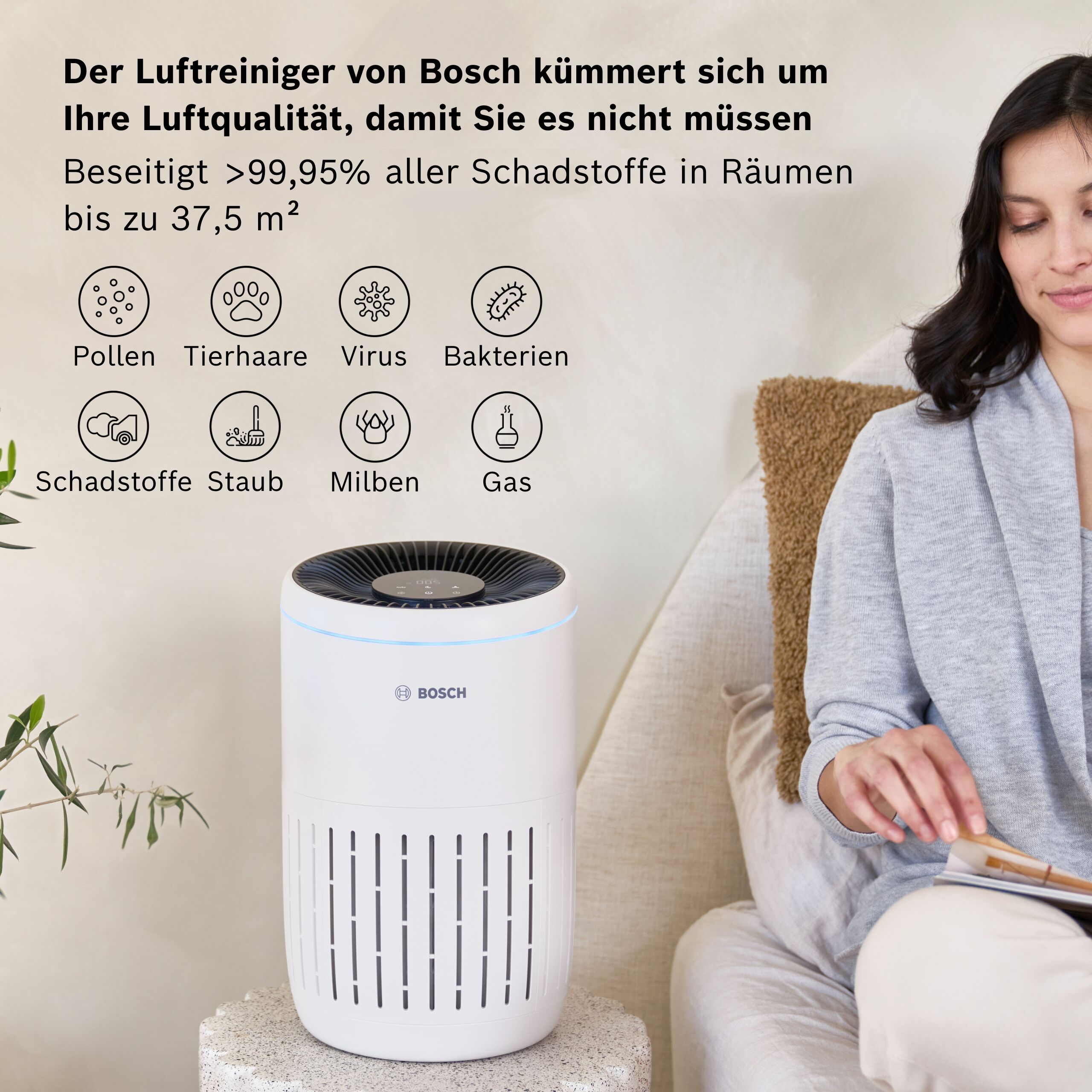 Luftreiniger BOSCH "Air 2000, filtert über 99% der Schadstoffe", weiß, B:23,5cm H:38,8cm T:23,5cm Ø:23,5cm, Luftreiniger, Luftreiniger, mit 3-in-1 Luftfilter, Automatik- und Ruhemodus )