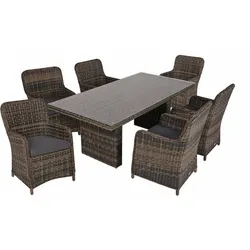 Garden Pleasure Gartenmöbel Set BORDEAUX II, Tisch 200 x 100 + 6 Sessel, Polyrattan Nelkenbraun / Glasplatte / Kissen 100 % Polyester Dunkelgrau