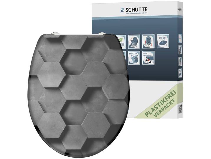WC-Sitz SCHÜTTE Grey Hexagons , grau (grau, anthrazit, grau), B:375cm H:4cm L:450cm, Duroplast, WC-Sitze, WC-Sitz, Duroplast, mit Absenkautomatik und Schnellverschluss