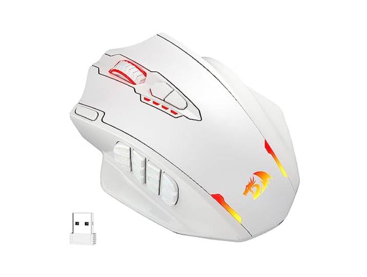 Redragon M913 Impact Elite draadloze gamingmuis, 16000 DPI bedraadde/draadloze RGB-gamermuis met 16 programmeerbare knoppen, 45 uur batterij en professionele optische sensor, 12 zijknoppen MMO-muis