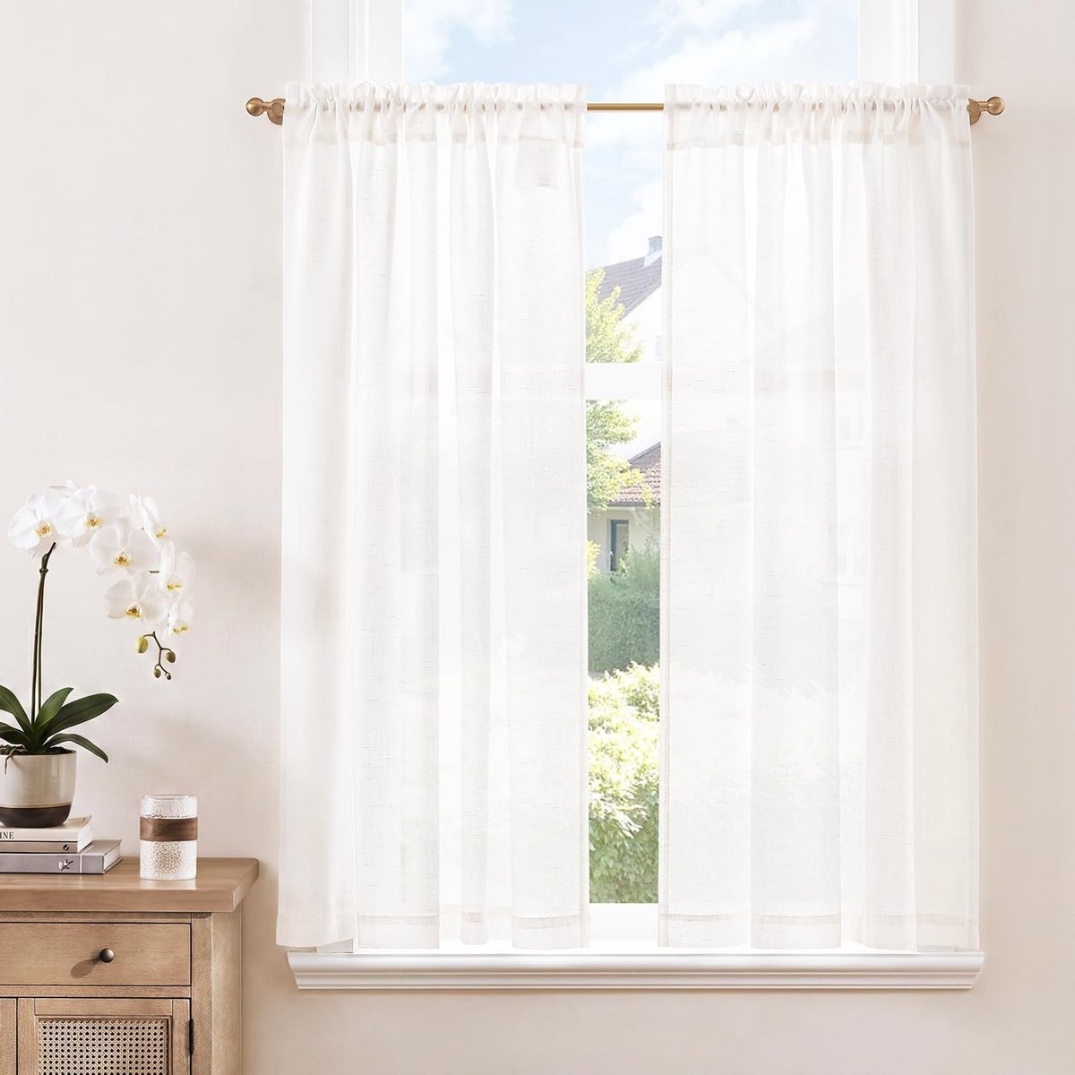 Wit Linnenlook Keukengordijn - Semi-transparante Vitrage - 90 x 115 cm