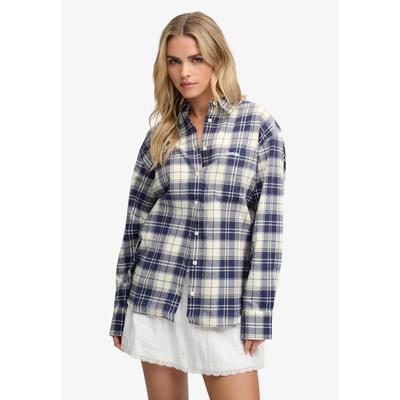 Karobluse SUPERDRY "CHECK FLANNEL RELAXED SHIRT", Damen, Gr. XS, blau (eclipse navy check), Web, Obermaterial: 100% Baumwolle, kariert, relaxed fit normal, Blusen Karobluse, Baumwolle, aus weichem Flannel