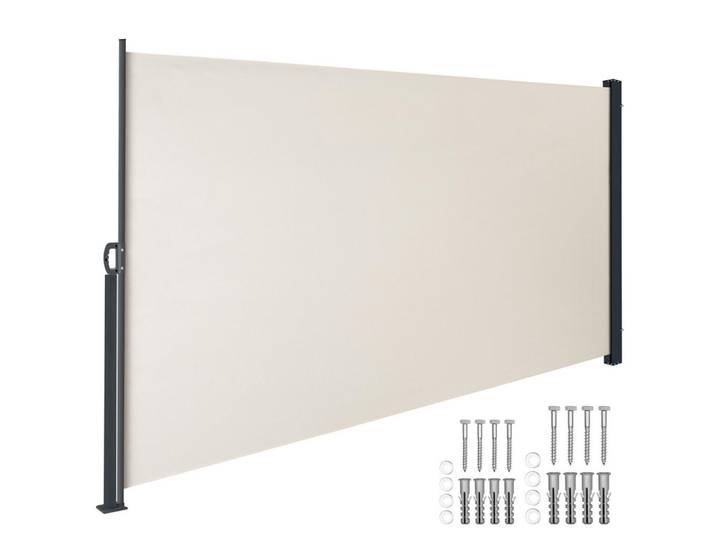 tectake Seitenmarkise, ausziehbar, mit Aufrollmechanismus, beige, Beige, Kunststoff, 300x160x9 cm, Sonnenschutz