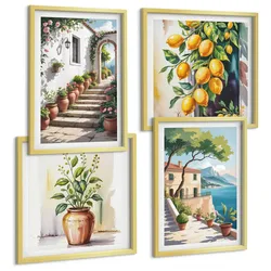 BILDER SET 4er Set - 50x50 cm & 40x60 cm Goldrahmen - Zitronenblüten am Meer