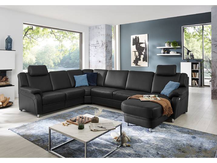 Wohnlandschaft Samento Schwarz Echtleder Tomma 336 x 91 x 239cm Ottomane davorstehend rechts Kopfstütze
