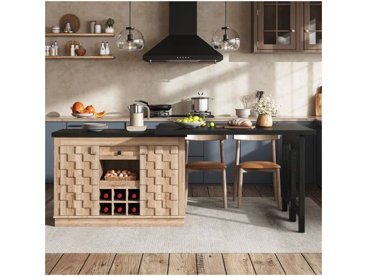 WOVREO Îlot central de cuisine extensible plateau rotatif 360° rangements tiroir et range-bouteilles MDF