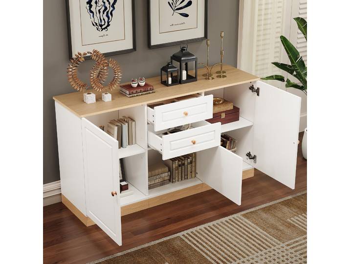STILVORA Sideboard 3 Türen mit Doppelschubladen Stauraum, Aufbewahrungsschrank Weiß-Holz Farbblockdesign mit goldenen Griffen, Multifunktionsschrank für Wohn- und Esszimmer vielseitig nutzbar