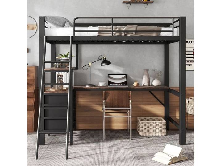 Lit en fer Trois tiroirs Avec table de 2m Noir Convient pour les enfants et les adolescents Lit superpose