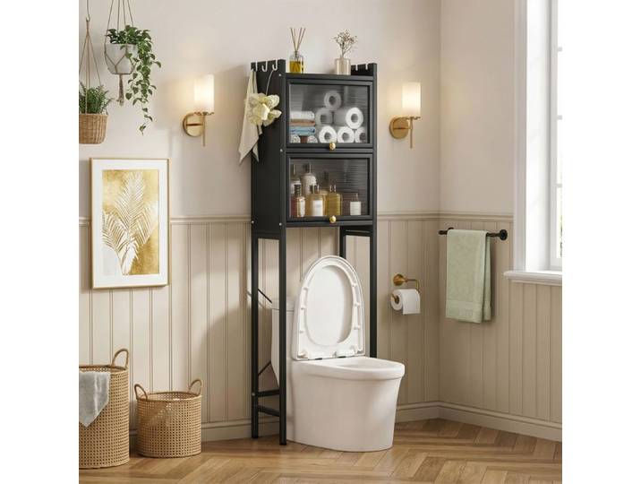 FLASIDU Colonne wc Rangement wc Armoire wc 2 portes vitrées Installation sans perçage Noir avec crochets moderne 50x25x165cm