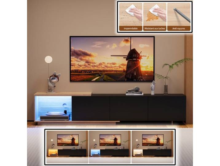Meuble TV avec LED Meuble TV extensible Meuble TV avec 3 tiroirs Armoire basse moderne en bois Scandinave 240x38x44 cm Noir