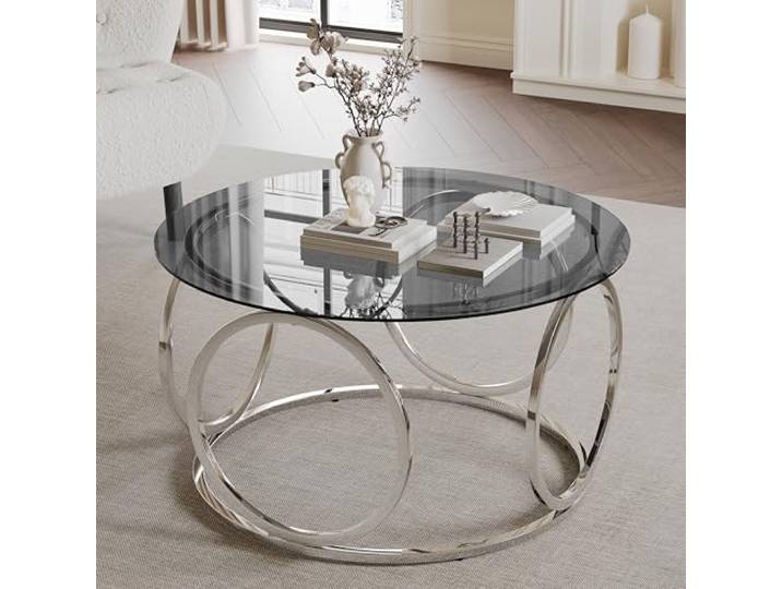 Switdo 80 cm Runder Glastisch Verchromt Metall Gestell Modern Wohn Grau Runder Glastisch mit verchromtem Metallgestell und 80 cm Durchmesser