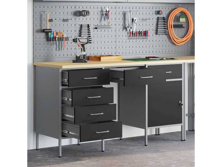 vidaXL Werkbank mit Speicher 3 stk. Schwarz Ingenieure Holz und Stahl