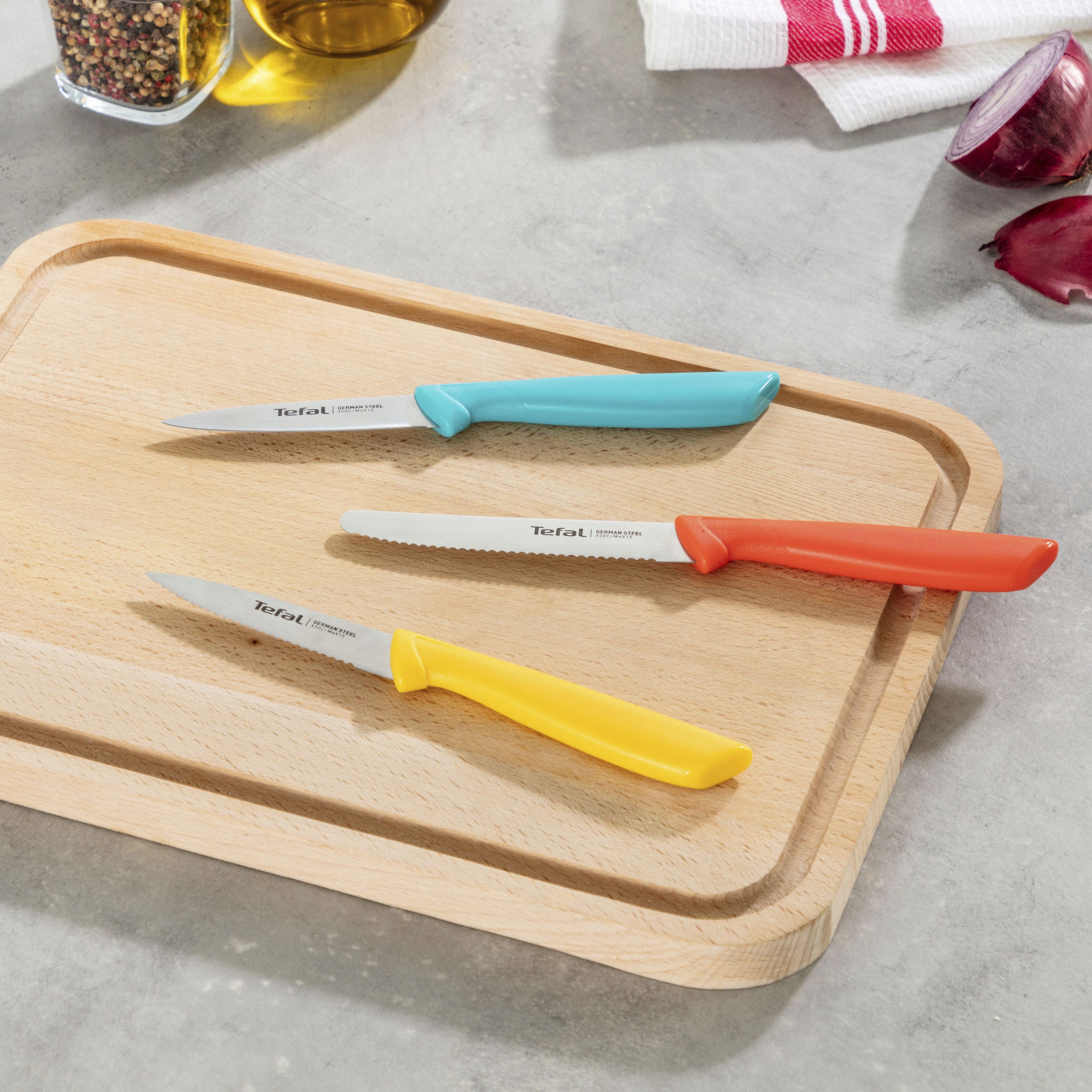 Messer-Set TEFAL "Colorfood für alle täglichen Vorbereitungen", bunt (gelb, blau, orange), Edelstahl, Kunststoff, Kochmesser-Sets, Messer-Set, deutscher Edelstahl, rostfrei, leicht strukturierte Griffe, K2733S