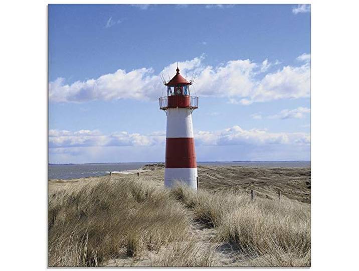 ARTland Wanddeko Glasbilder Wandbild Glas Bild einteilig 50x50 cm Quadratisch Strand Meer Nordsee Leuchtturm Sylt Dünen Gräser Wolken Sommer Urlaub T9ML