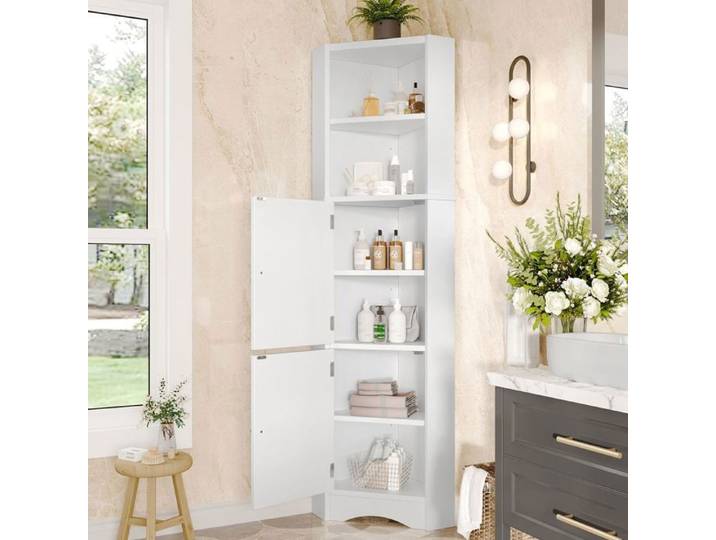 Meuble colonne de salle de bain Armoire salle de bain Triangulaire 2 compartiments 2 portes Blanc