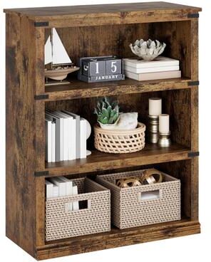 Garvee 3-Tier Farmhouse Bookcase, Low Wooden Bookshelf with Open Storage Shelves
