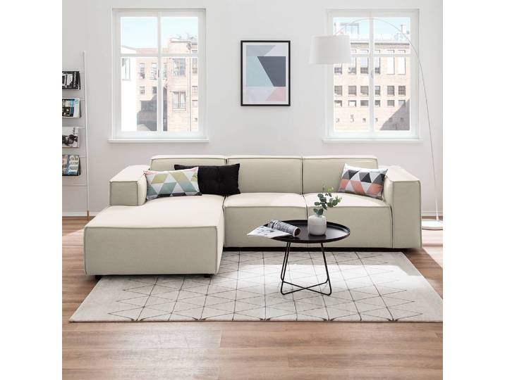 Ecksofa mit Longchair Weiß/Altweiß Webstoff Osta 260cm Longchair davorstehend links Sitztiefenverstellung Modern