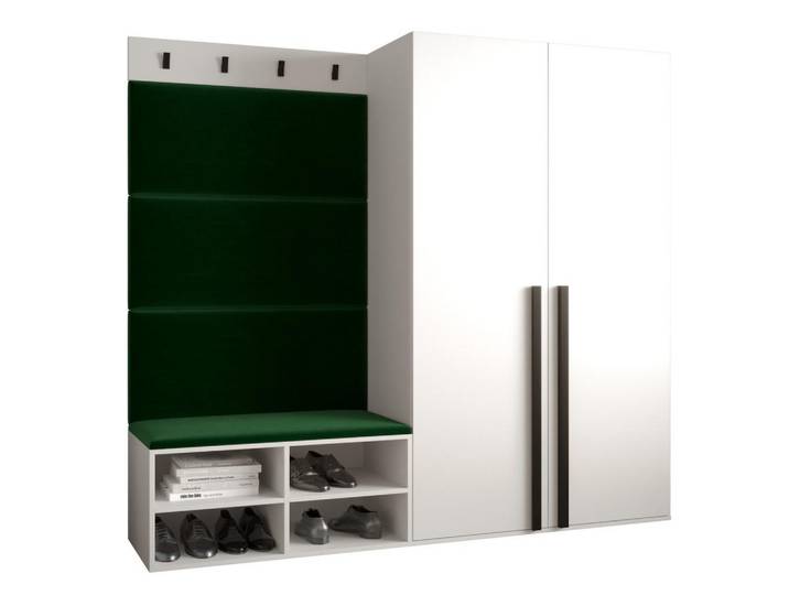 Möbel Kryspol Garderoben-Set 184/184/42, Weiß, Waldgrün, Holz, Nachbildung, 6 Fächer, 184x184x42 cm, Garderobe, Garderoben-Sets & Garderoben-Serien, Garderoben-Sets
