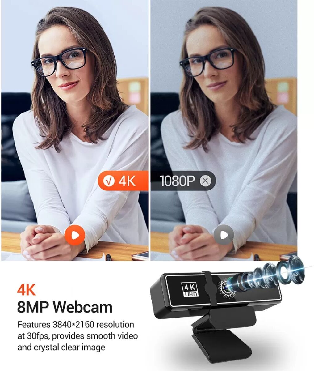 INF Webcam USB 4K HD W9 Pro avec Microphone Intégré & Cache de Confidentialité, Inclut Carte 32GTF