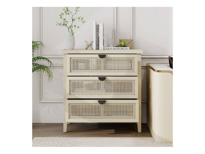 Odikalo Kommode Beistellschrank in Naturholzoptik Geeignet für Wohnzimmer Beige (dreischubladiger Stauraumschrank mit austauschbaren Schubladenfronten aus Waben-Rattangeflecht)
