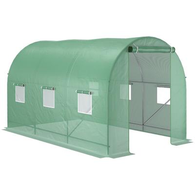 OKWISH Foliengewächshaus Tomatenhaus 350x200x200cm Grün mit Bogendach Stahlgestell PE Folie wasserabweisend, Tür und Netzfenster, stabil und lichtdurchlässig