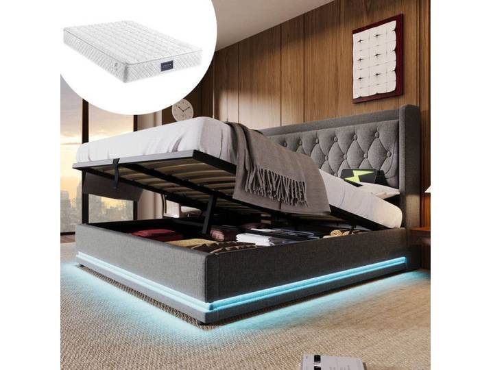 Lit Double 140x200cm avec Matelas Cadre de Lit Adulte avec TêTe de Lit RembourréE Lit Double LED Gris