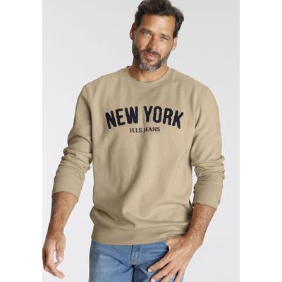 Sweater H.I.S, Herren, Gr. L (52/54), beige, Sweatware, Obermaterial: 60% Baumwolle, 40% Polyester, bestickt, normal, Rundhals, Bündchen, Sweatshirts Sweater, Langarm, lockere Passform, bestickte Optik, Rundhalsausschnitt