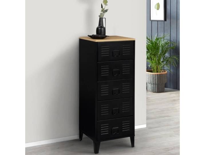 IDMARKET Chiffonnier 5 tiroirs ESTER 40x40x100 cm métal noir et plateau façon hêtre design industriel
