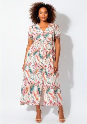 Plus Size Women's Button Front Midi Dress by Avenue in Ivory Multi Flowers (Size 20)