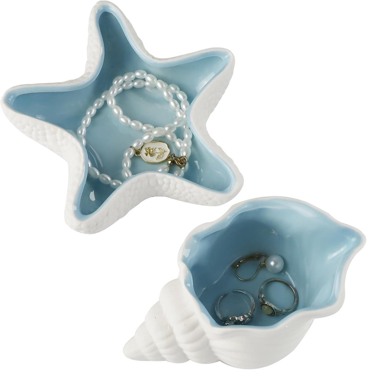 Decoratieve keramische schaal in zeestijl met zeester en schelp voor sieraden en oorbellen