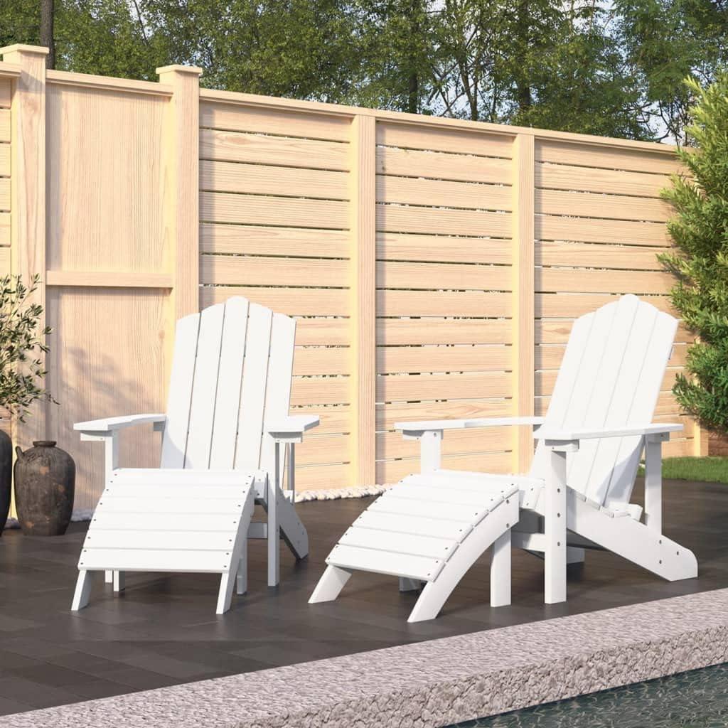 Adirondack-Gartenstühle 2 STK. 73x83x92 cm, Adirondack-Stühle für den Garten, Loungesessel und Armlehnstühle aus Holz, Schaukelstühle mit Hockern aus weißem HDPE