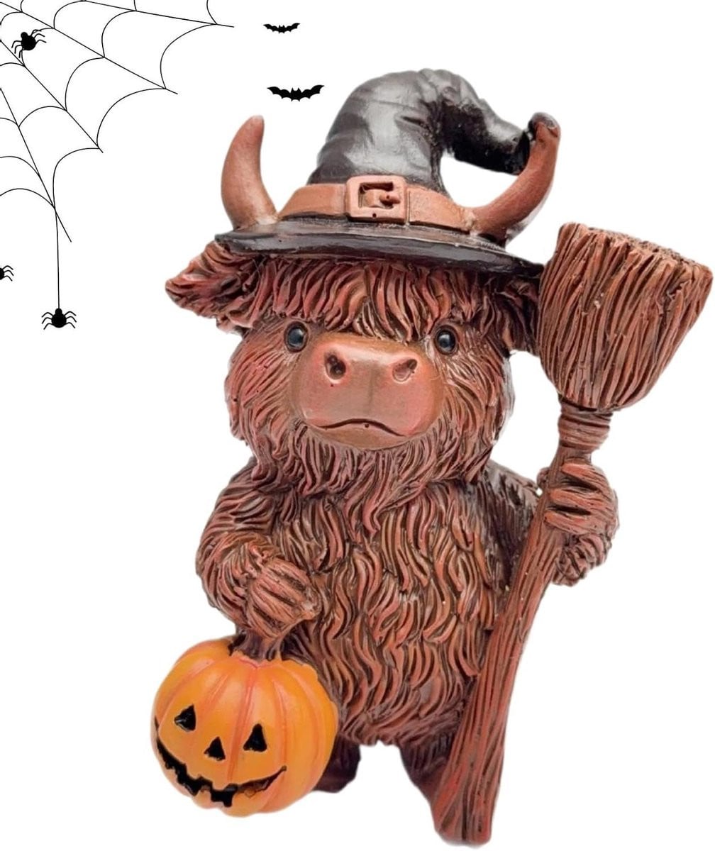 Hooglander Beeldje Koe Decoratie Bruin - Handgemaakt Hars - 14 cm breed