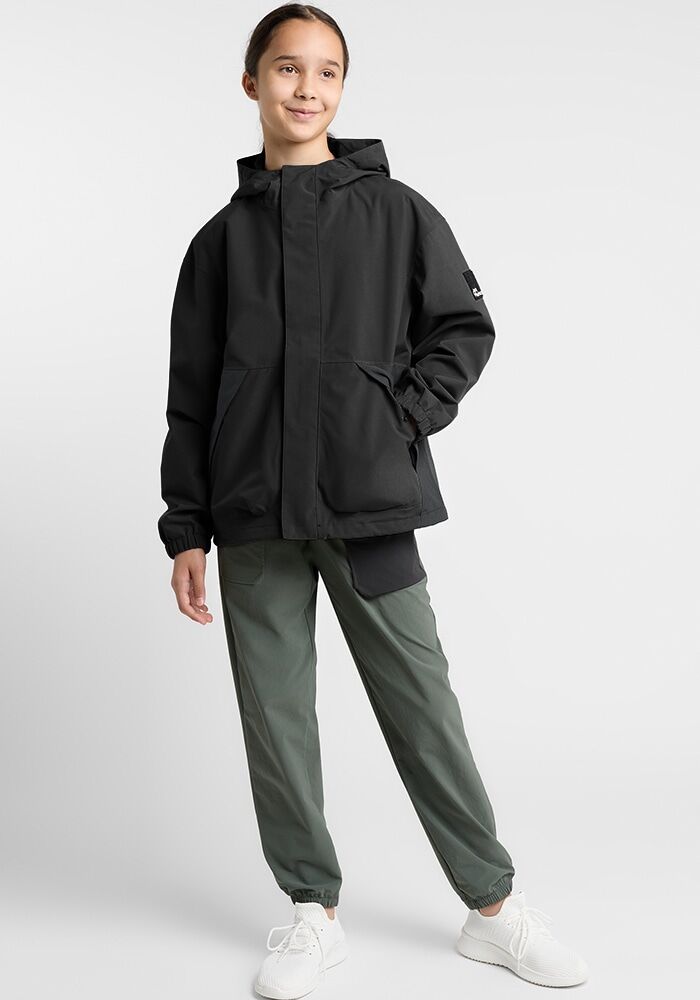 Outdoorjacke JACK WOLFSKIN "TEEN 2L JACKET Y", Kinder, Gr. 128, schwarz (granite, schwarz), OBERSTOFF: 100% POLYESTER. Futter: 100% POLYESTER, Jacken Outdoorjacke, mit Kapuze, für Jugendliche, atmungsaktiv, winddicht, wasserdicht granite, schwarz 128