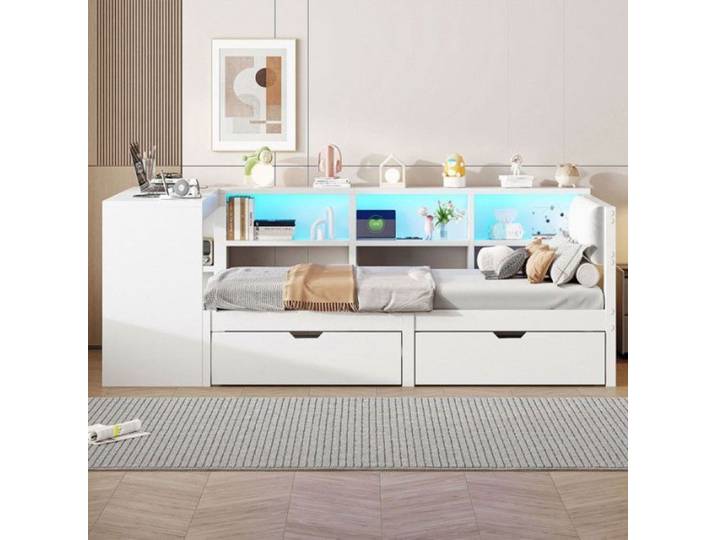 Lit combiné enfant 90x200cm - avec 2 tiroirs et station de charge - avec lumières LED colorées - blanc LIT COMBINE