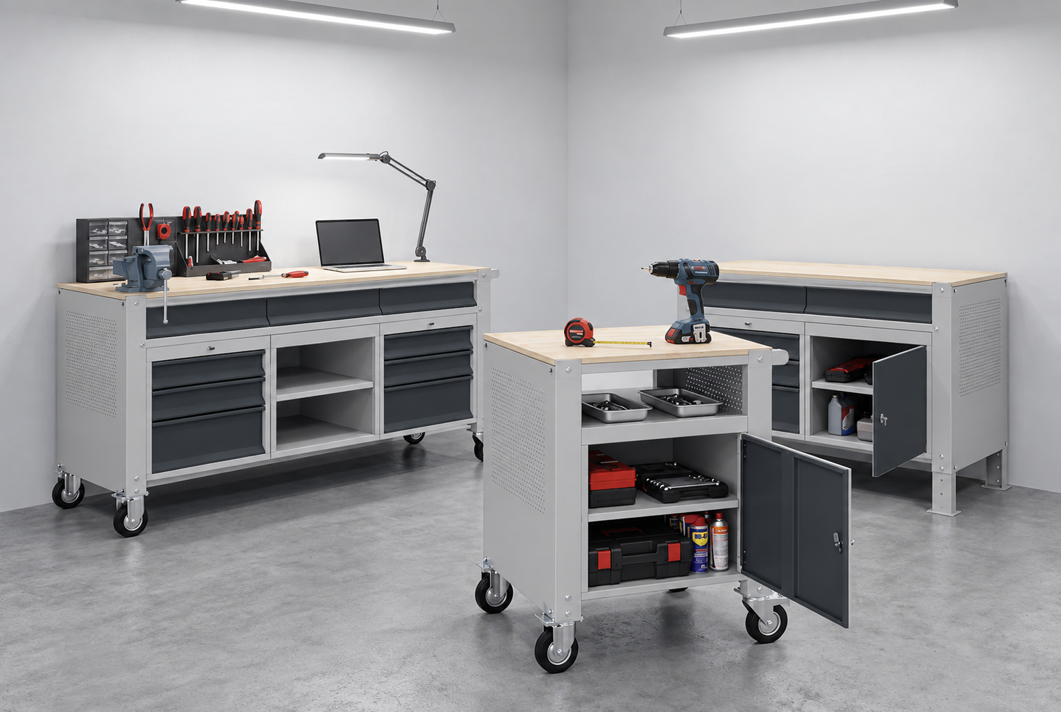 B2B Partner Fahrbare Werkbank G9, 12 Schubladen, 1690 x 595 x 865-1130 mm, grau/Graphit