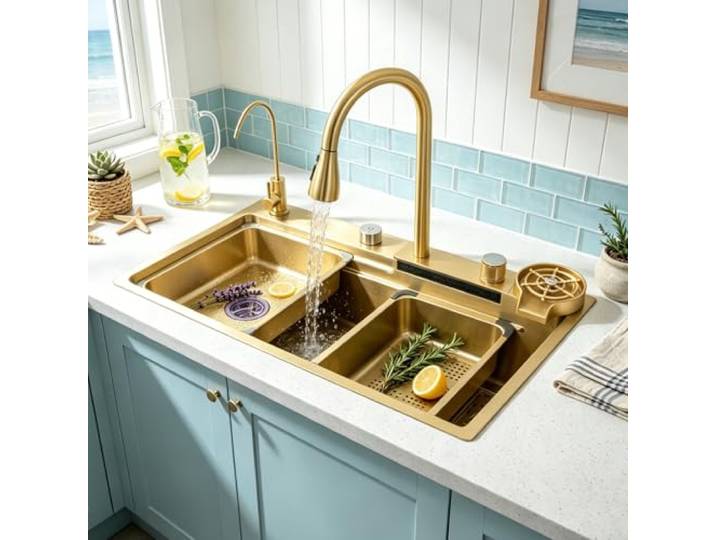 KOOGIMDDR 80x50cm Waschbecken gold Küchenspüle, Mit Wasserfall Wasserhahn, Küchenspüle Edelstahl Rechteck Einbau von Oben Mit Cup Washer Abnehmbares Becken Schneidebrett