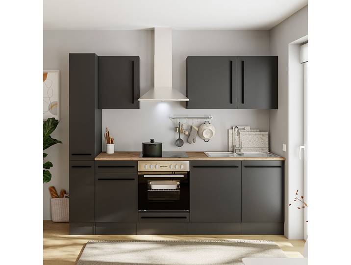 Küchenzeile III 250cm Schwarz/Matt Schwarz ohne Elektrogeräte